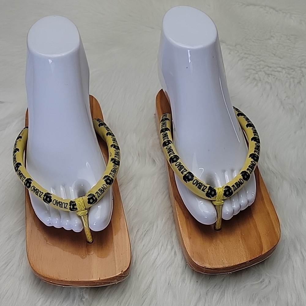 ZUBAO Geisha Japanese Style Wood Open Toe Slip On Yellow Thong Flip Flop Sandals
